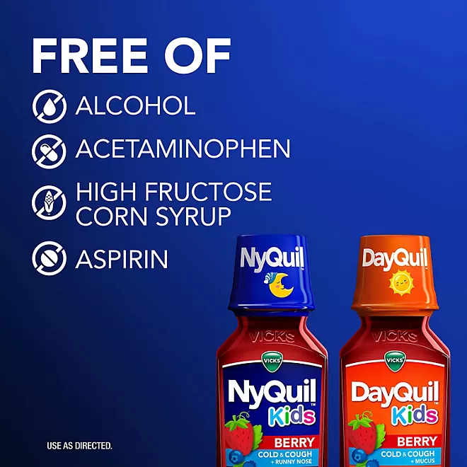 Siro Hỗ Trợ Giảm Triệu Chứng Cảm Lạnh & Ho Cho Trẻ Vicks DayQuil & NyQuil Kids – 2 Chai Ngày, 1 Chai Đêm X 236ml