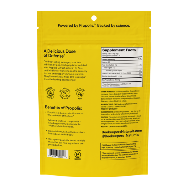 Kẹo Mút Giảm Đau Họng & Tăng Cường Miễn Dịch Cho Trẻ BeeKeeper's Naturals Kid's Propolis Throat Soothing Pops –  Hộp 30 Chiếc