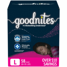 Quần Lót Ban Đêm Cho Bé gái Từ 31-43kg Goodnites Girls' Nighttime Bedwetting Underwear Size Large (68-95 lbs) - Gói 58 Miếng