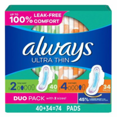 Băng Vệ Sinh Always Ultra Thin Pads Duo Pack Size 2 và Overnight Size 4 - Hộp 74 Miếng