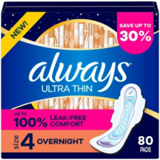 Băng Vệ Sinh Mỏng Qua Đêm Always Ultra Thin Overnight Pads with Wings Không Mùi Size 4 - Hộp 80 Miếng