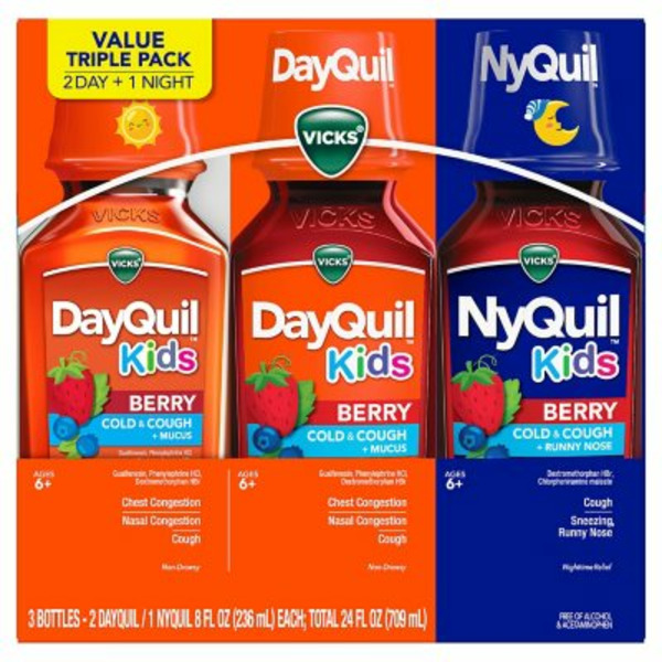 Siro Hỗ Trợ Giảm Triệu Chứng Cảm Lạnh & Ho Cho Trẻ Vicks DayQuil & NyQuil Kids – 2 Chai Ngày, 1 Chai Đêm X 236ml