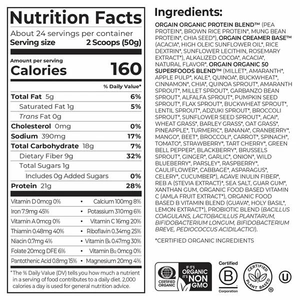 Bột Protein Thực Vật Orgain Organic Protein & Superfoods Hương Socola Fudge – Hộp 1197g