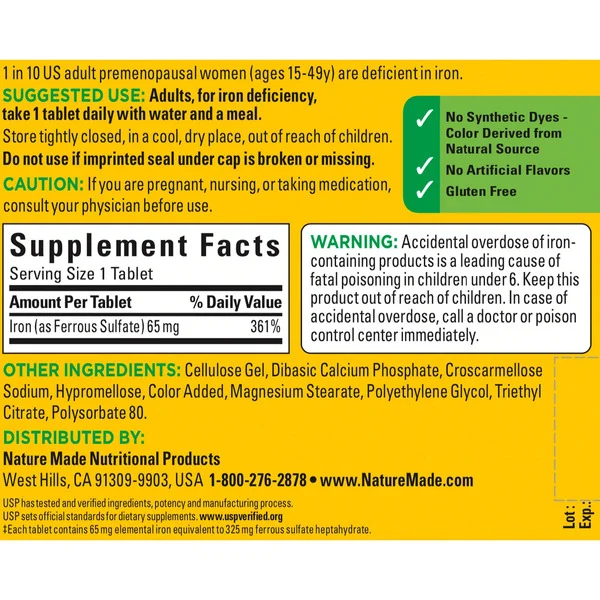 Viên Uống Bổ Sung Sắt Nature Made Iron 65 mg -Hộp 365 Viên