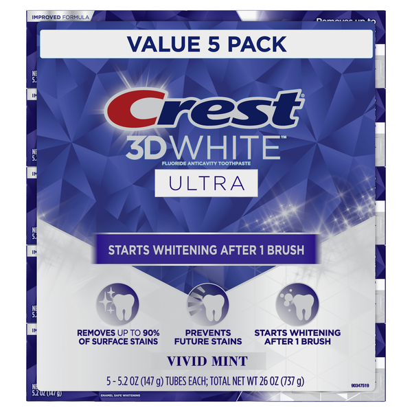 Kem Đánh Răng Làm Trắng Crest 3D White Vivid Mint Ultra Whitening Toothpaste - 5 Tuýp X 147g