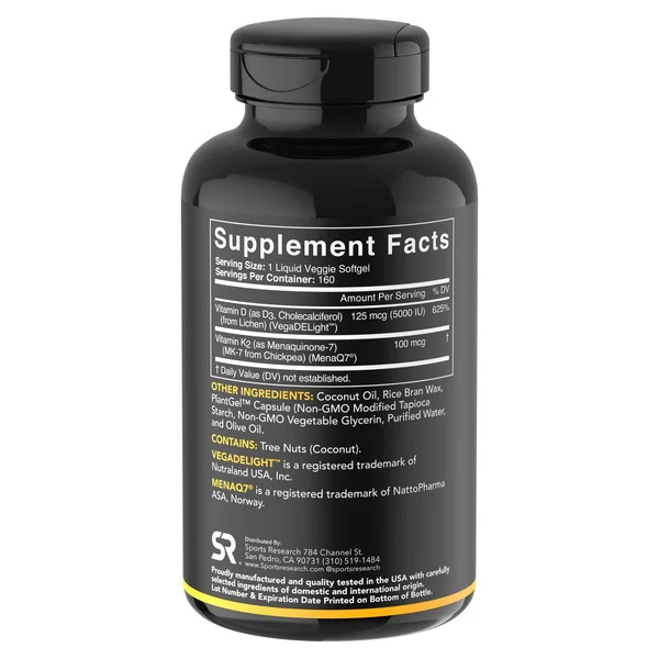 Viên Uống Bổ Sung Vitamin D3 + K2 Sports Research - Hộp 160 Viên