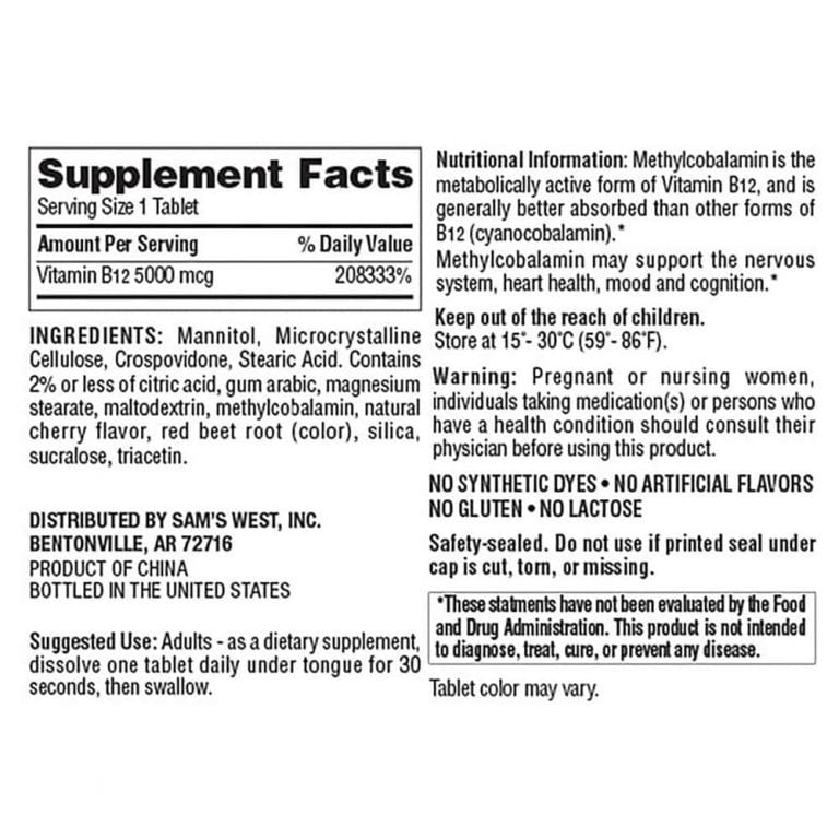 Viên Ngậm Vitamin B12 Methylcobalamin Sublingual Member's Mark – Hộp 300 Viên