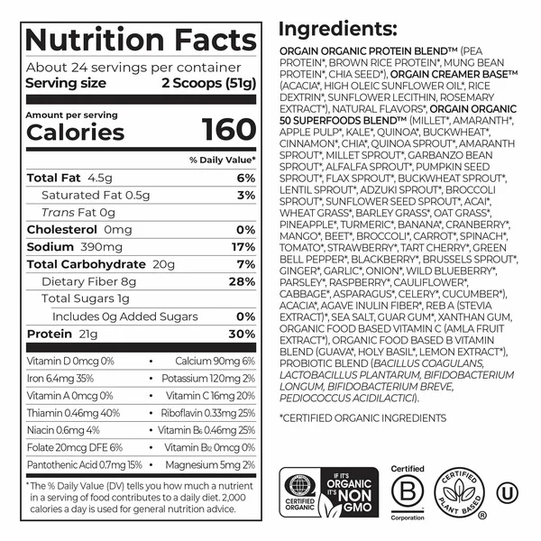 Bột Protein Thực Vật Orgain Organic Protein & Superfoods Hương Vanilla Bean – Hộp 1224g