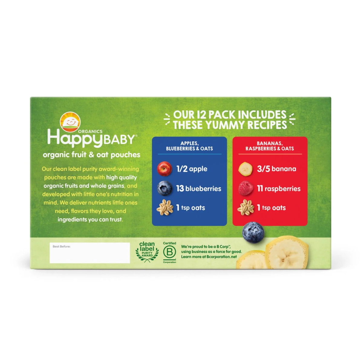Thức Ăn Dặm Hữu Cơ HappyBABY Organics Clearly Crafted Fruit & Veggie Pouches Variety Pack Cho Bé Từ 6 Tháng - Thùng 12 Túi X 113g