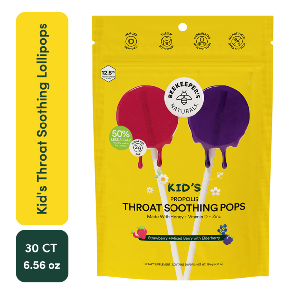 Kẹo Mút Giảm Đau Họng & Tăng Cường Miễn Dịch Cho Trẻ BeeKeeper's Naturals Kid's Propolis Throat Soothing Pops –  Hộp 30 Chiếc